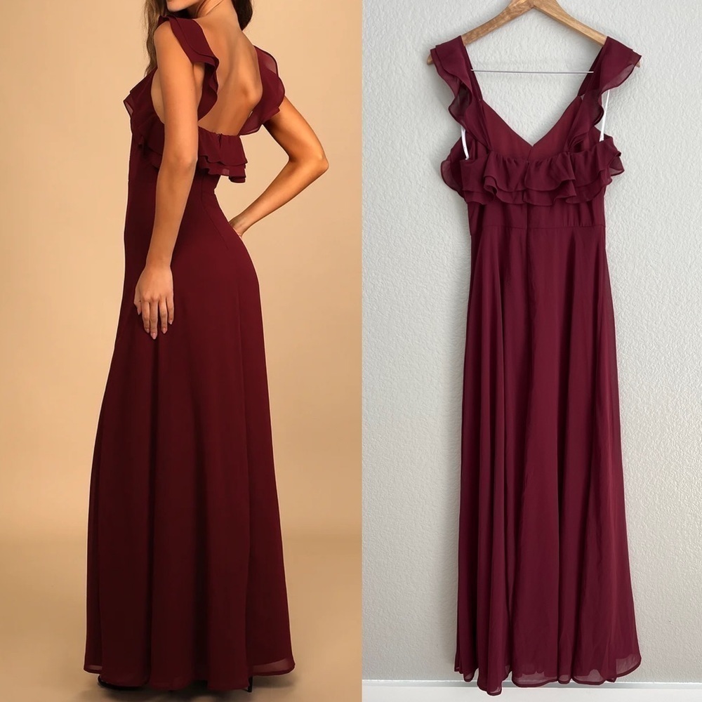 NWOT Lulus Adoring Glances Burgundy Ruffled Maxi Dress - Picture 3 of 10